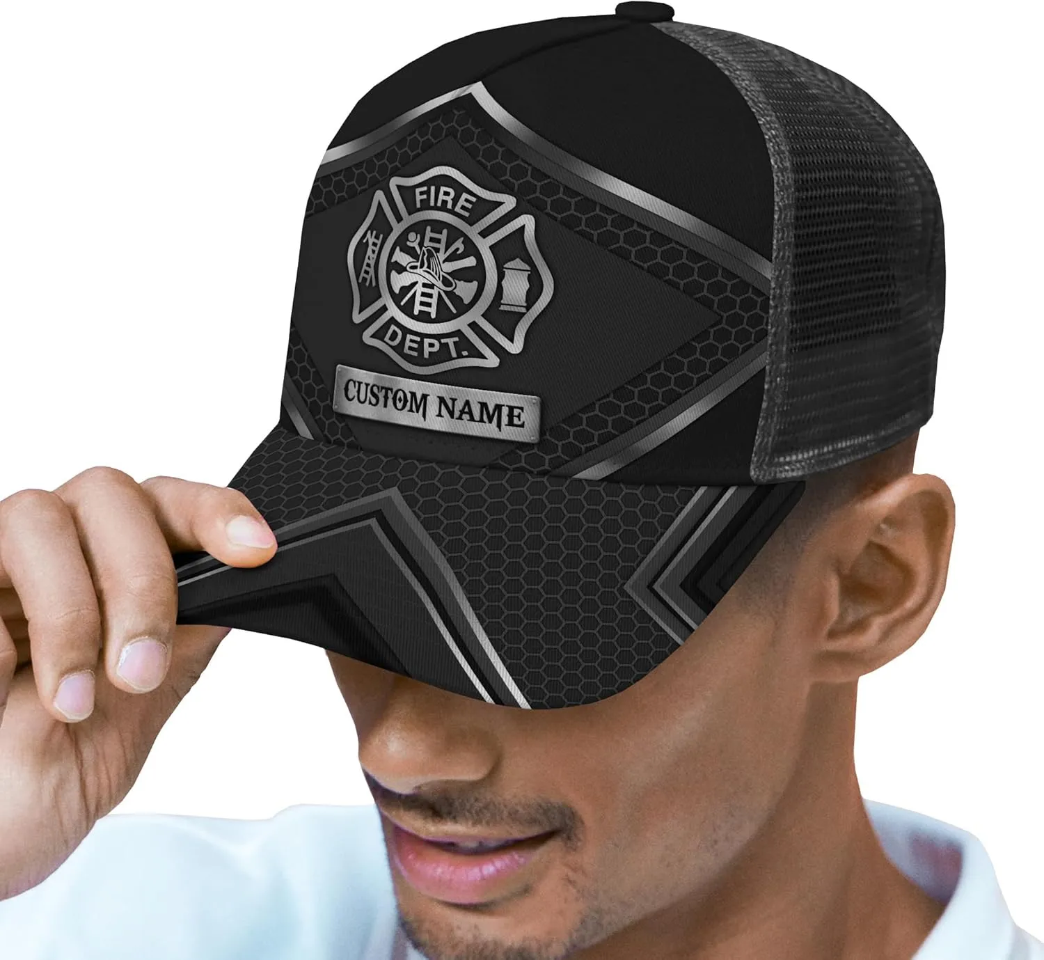 Print Fire Department Badge Mesh Trucker Hats with 3D Fire Fighter Themed Meshback Caps Accessories for Adults