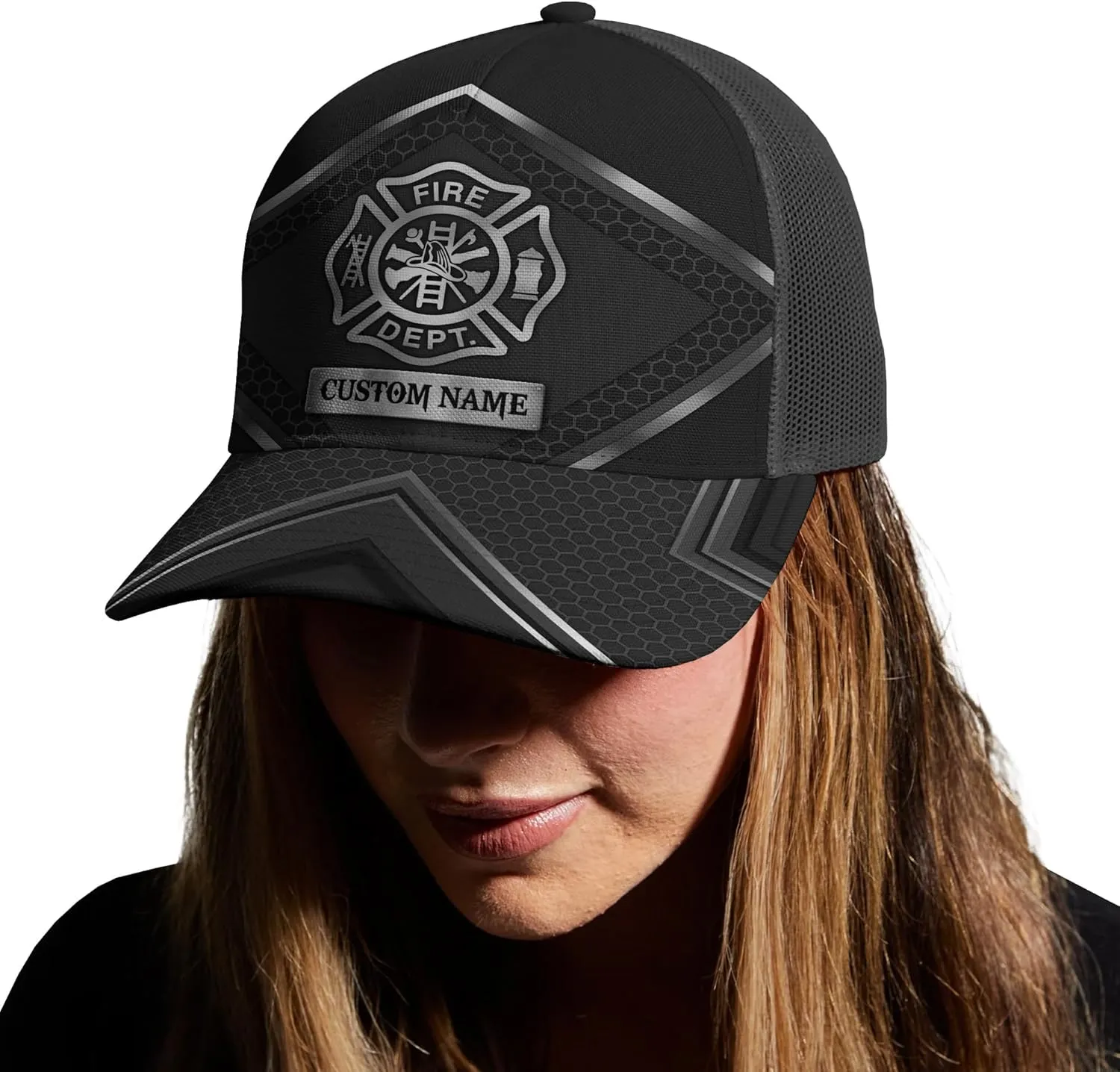 Print Fire Department Badge Mesh Trucker Hats with 3D Fire Fighter Themed Meshback Caps Accessories for Adults