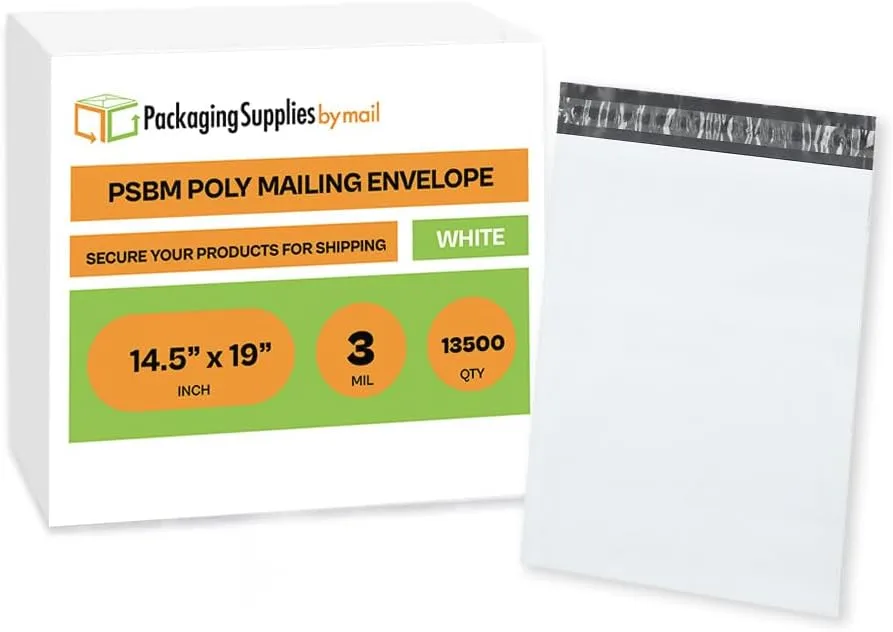 PSBM White Poly Mailers 14.5x19 Inch 13500 Pack Shipping Bags for Clothing, Sturdy Shipping Envelopes, Strong Self Seal Mailing Bags for Small Business, Poly Bags for Small Businessess