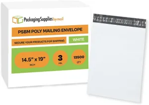 PSBM White Poly Mailers 14.5x19 Inch 13500 Pack Shipping Bags for Clothing, Sturdy Shipping Envelopes, Strong Self Seal Mailing Bags for Small Business, Poly Bags for Small Businessess
