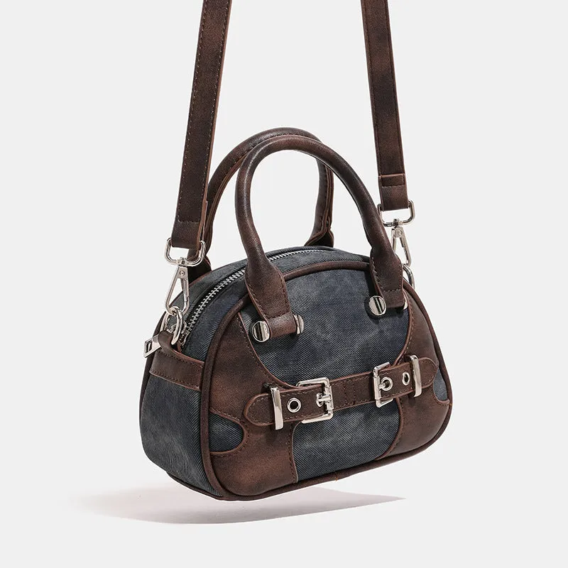 PU Leather & Denim Pillow Messenger Bag