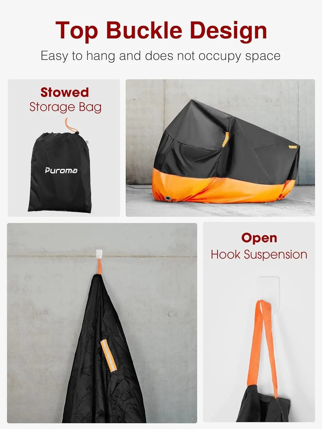 Puroma Motorcycle Cover Heavy Duty Scooter Cover Waterproof Outdoor All Season Universal Weather Quality Protection with Night Reflective, Lock Holes and Storage Bag Fits up to 105" Motorcycle Vehicle