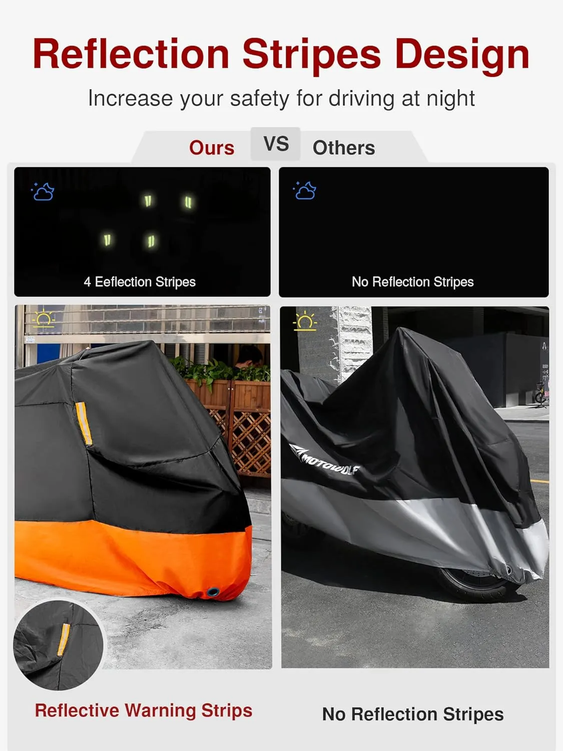 Puroma Motorcycle Cover Heavy Duty Scooter Cover Waterproof Outdoor All Season Universal Weather Quality Protection with Night Reflective, Lock Holes and Storage Bag Fits up to 105" Motorcycle Vehicle