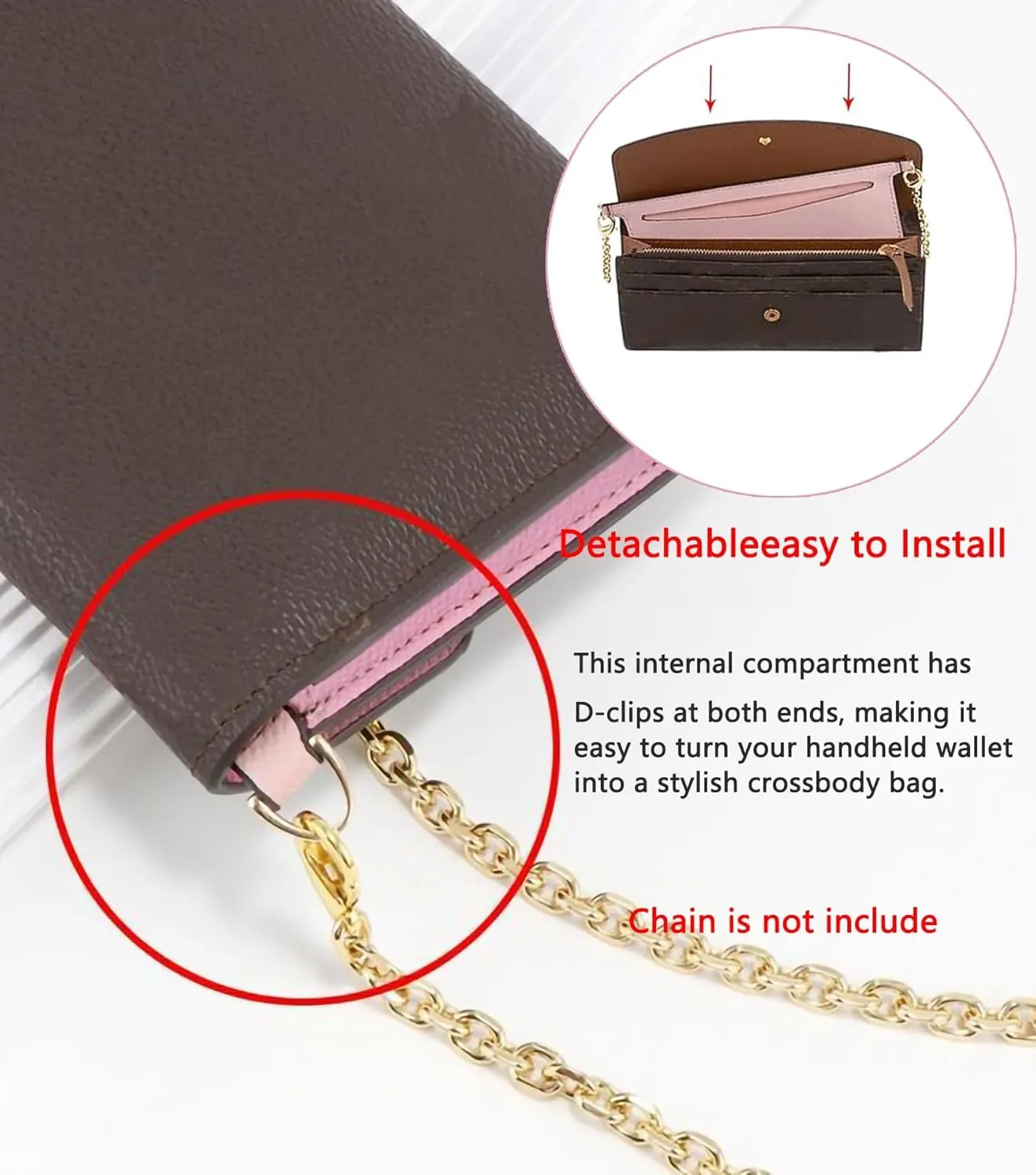 Purse Conversion Kit Compatible with Emilie Wallet,Detachable Pocket Insert for Sarah Wallet,Convert Your Wallet into Crossbody Bag with D-Ring (Black, 6.7 * 3.15in)