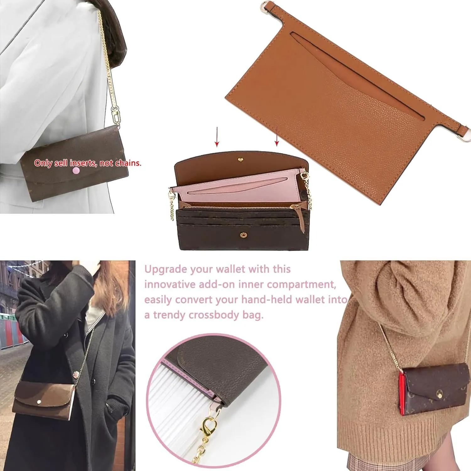 Purse Conversion Kit Compatible with Emilie Wallet,Detachable Pocket Insert for Sarah Wallet,Convert Your Wallet into Crossbody Bag with D-Ring (Black, 6.7 * 3.15in)