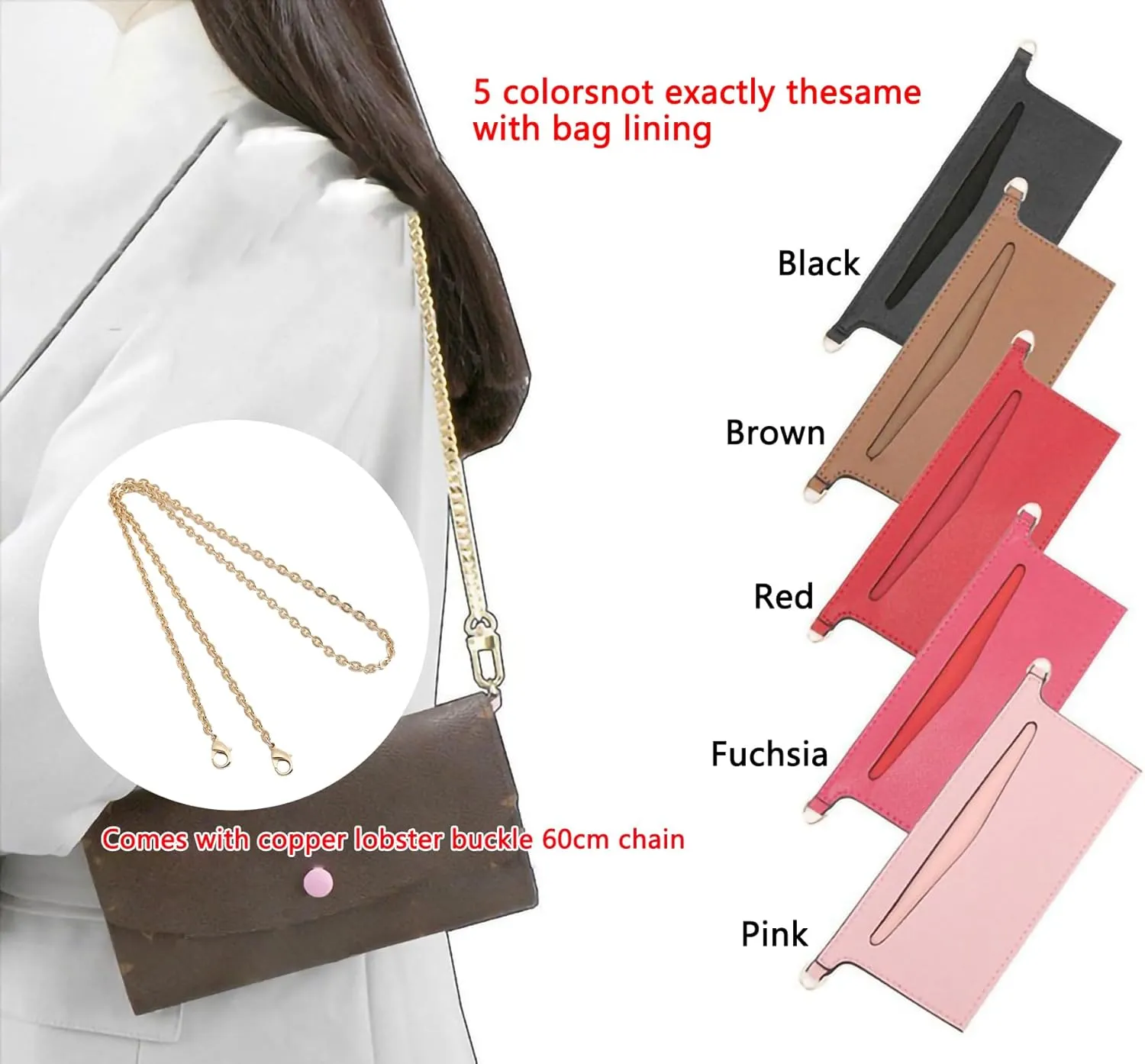 Purse Conversion Kit Compatible with Emilie Wallet,Detachable Pocket Insert for Sarah Wallet,Convert Your Wallet into Crossbody Bag with D-Ring (Black with Chain, 6.7 * 3.15in)
