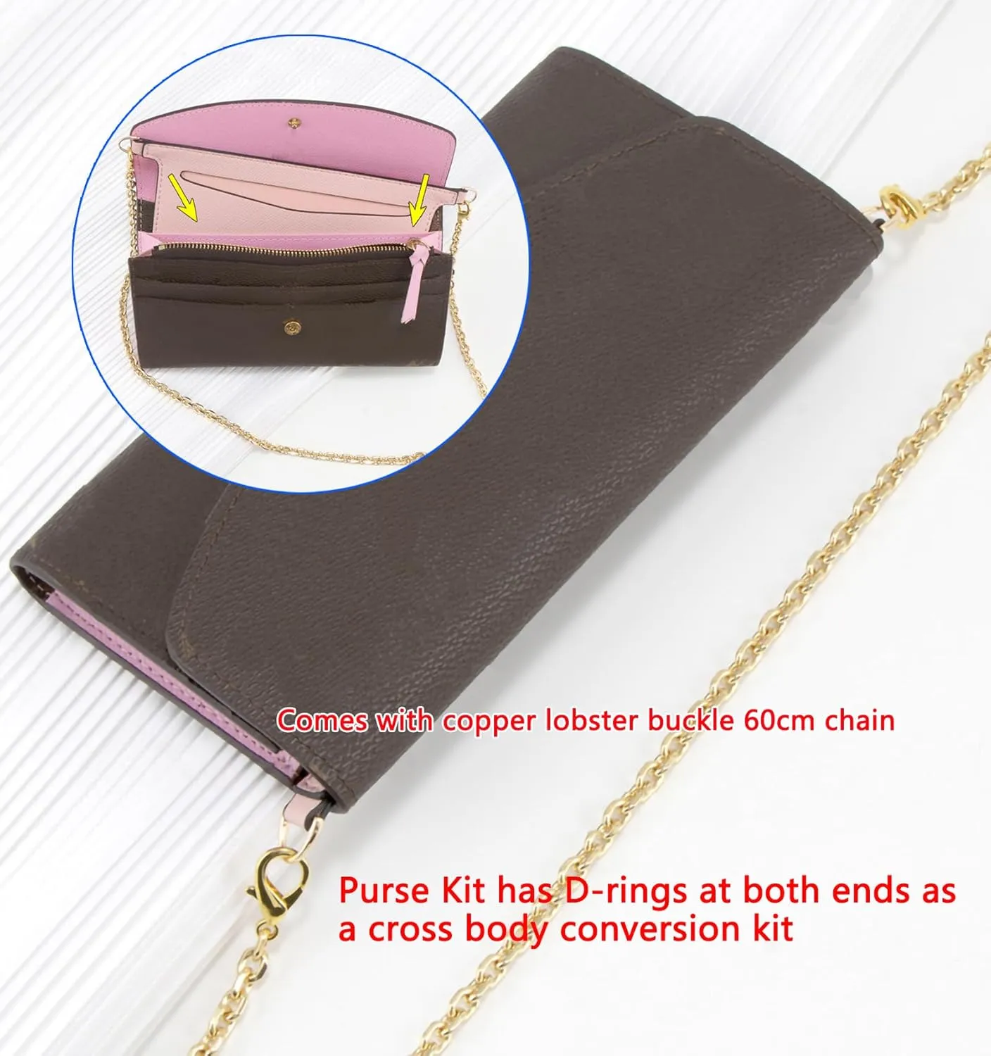 Purse Conversion Kit Compatible with Emilie Wallet,Detachable Pocket Insert for Sarah Wallet,Convert Your Wallet into Crossbody Bag with D-Ring (Black with Chain, 6.7 * 3.15in)