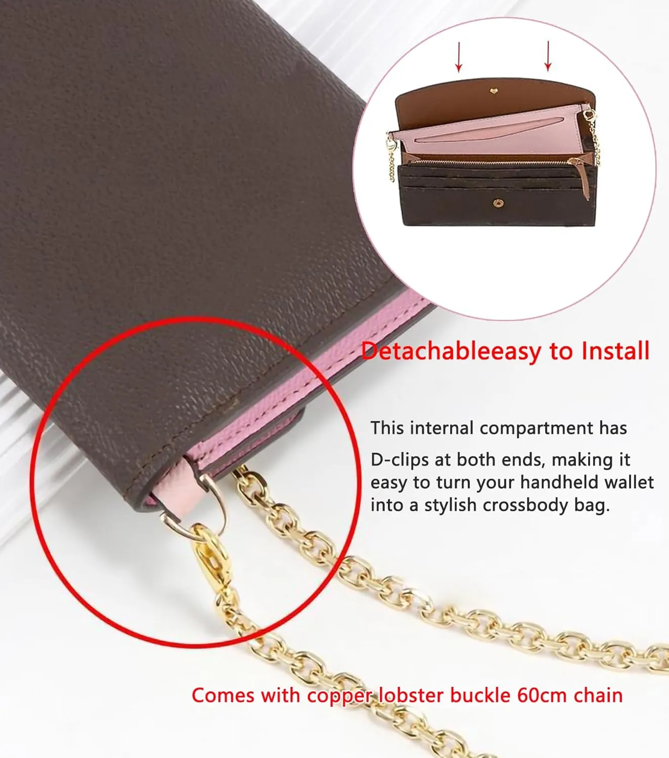 Purse Conversion Kit Compatible with Emilie Wallet,Detachable Pocket Insert for Sarah Wallet,Convert Your Wallet into Crossbody Bag with D-Ring (Black with Chain, 6.7 * 3.15in)