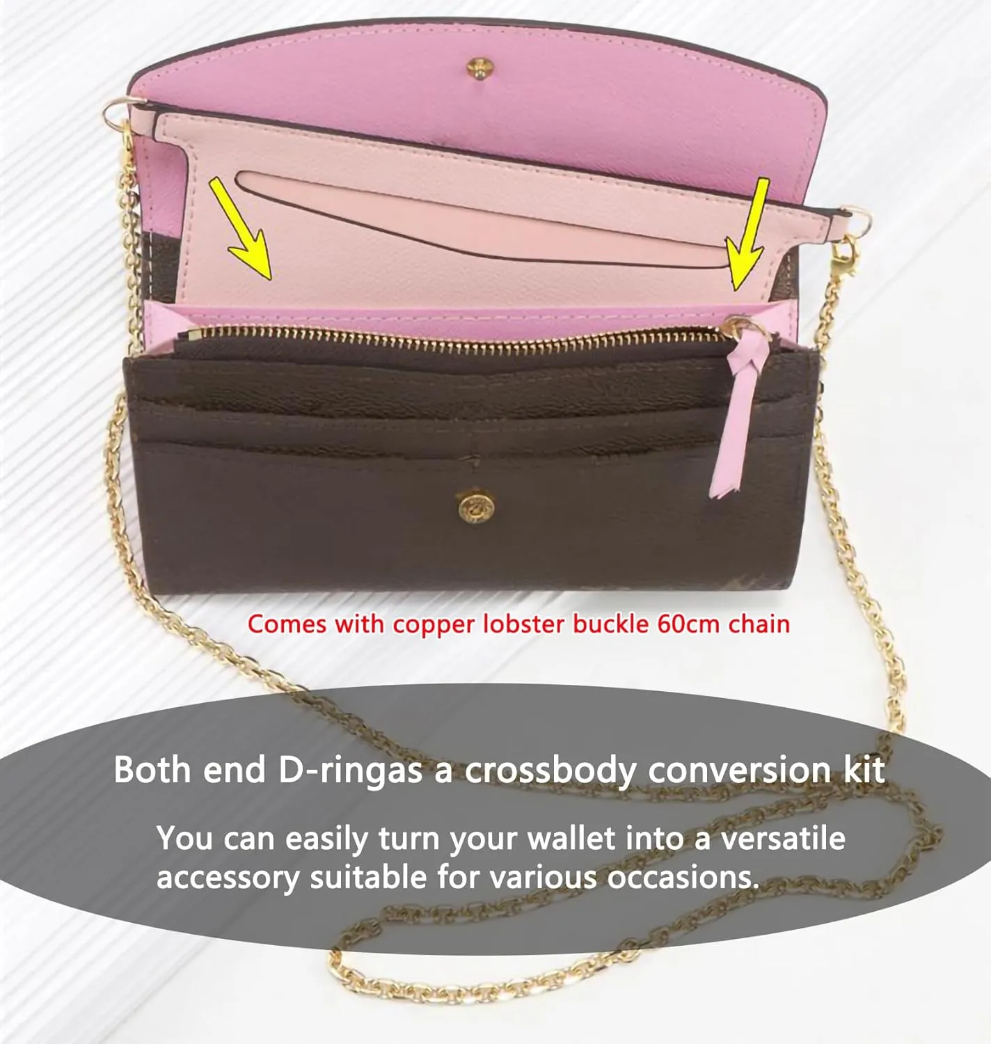 Purse Conversion Kit Compatible with Emilie Wallet,Detachable Pocket Insert for Sarah Wallet,Convert Your Wallet into Crossbody Bag with D-Ring (Black with Chain, 6.7 * 3.15in)