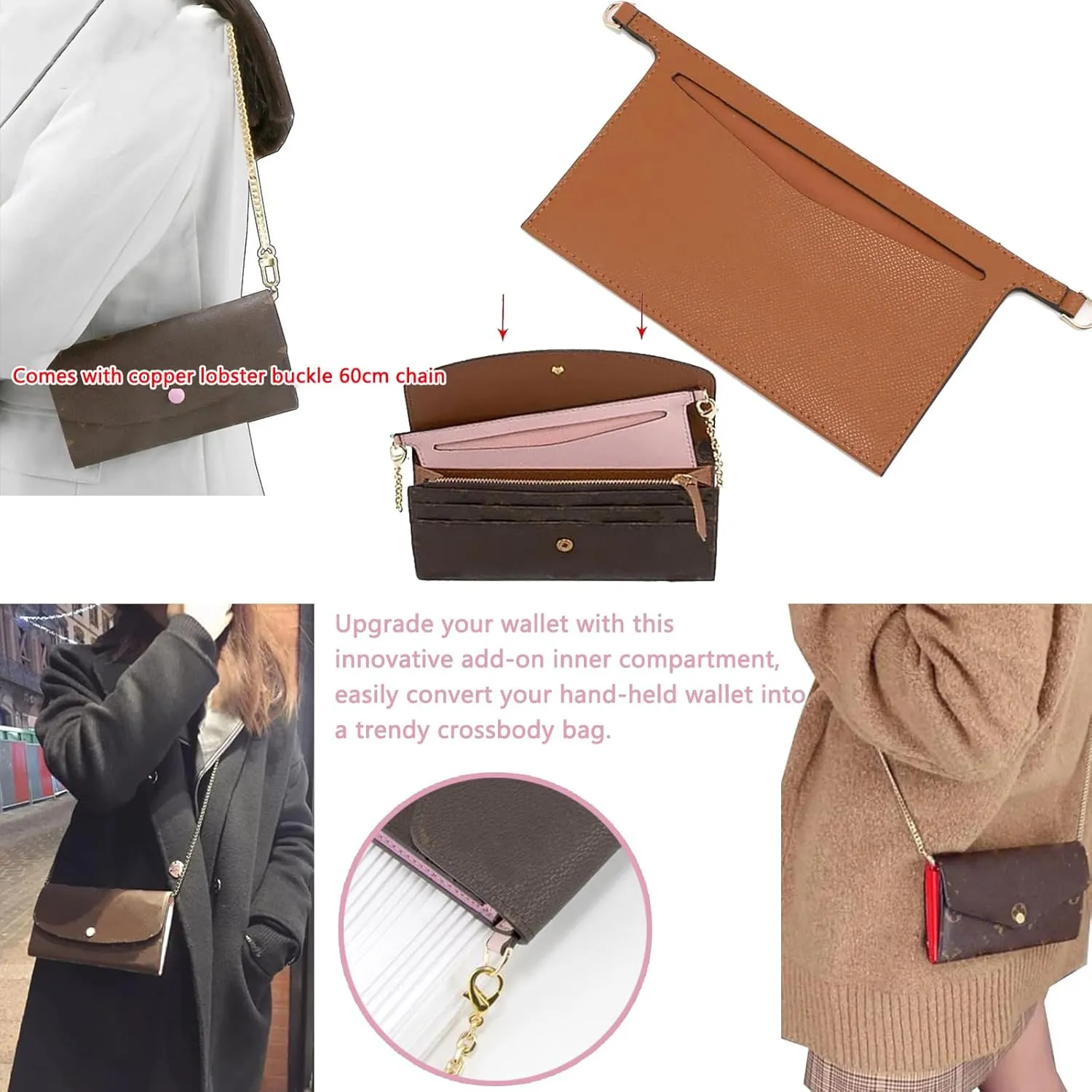Purse Conversion Kit Compatible with Emilie Wallet,Detachable Pocket Insert for Sarah Wallet,Convert Your Wallet into Crossbody Bag with D-Ring (Black with Chain, 6.7 * 3.15in)