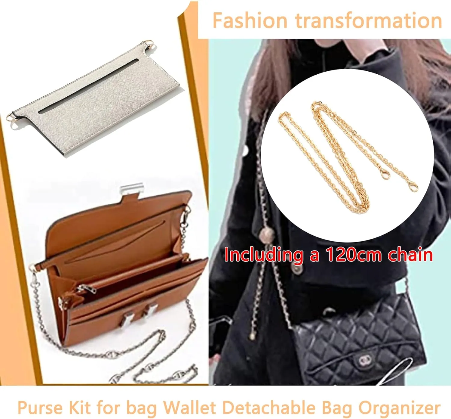Purse Insert Organizer Conversion Kit,Crossbody Conversion kit Compatible with Sarah Wallet, Convert Classic Long Flap Wallet Into Crossbody Bag (White, 47 inch/120cm Chain)