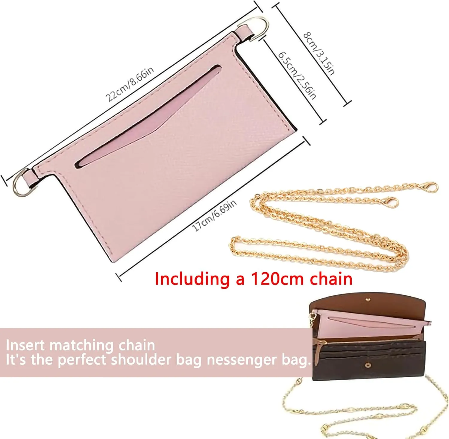 Purse Insert Organizer Conversion Kit,Crossbody Conversion kit Compatible with Sarah Wallet, Convert Classic Long Flap Wallet Into Crossbody Bag (White, 47 inch/120cm Chain)