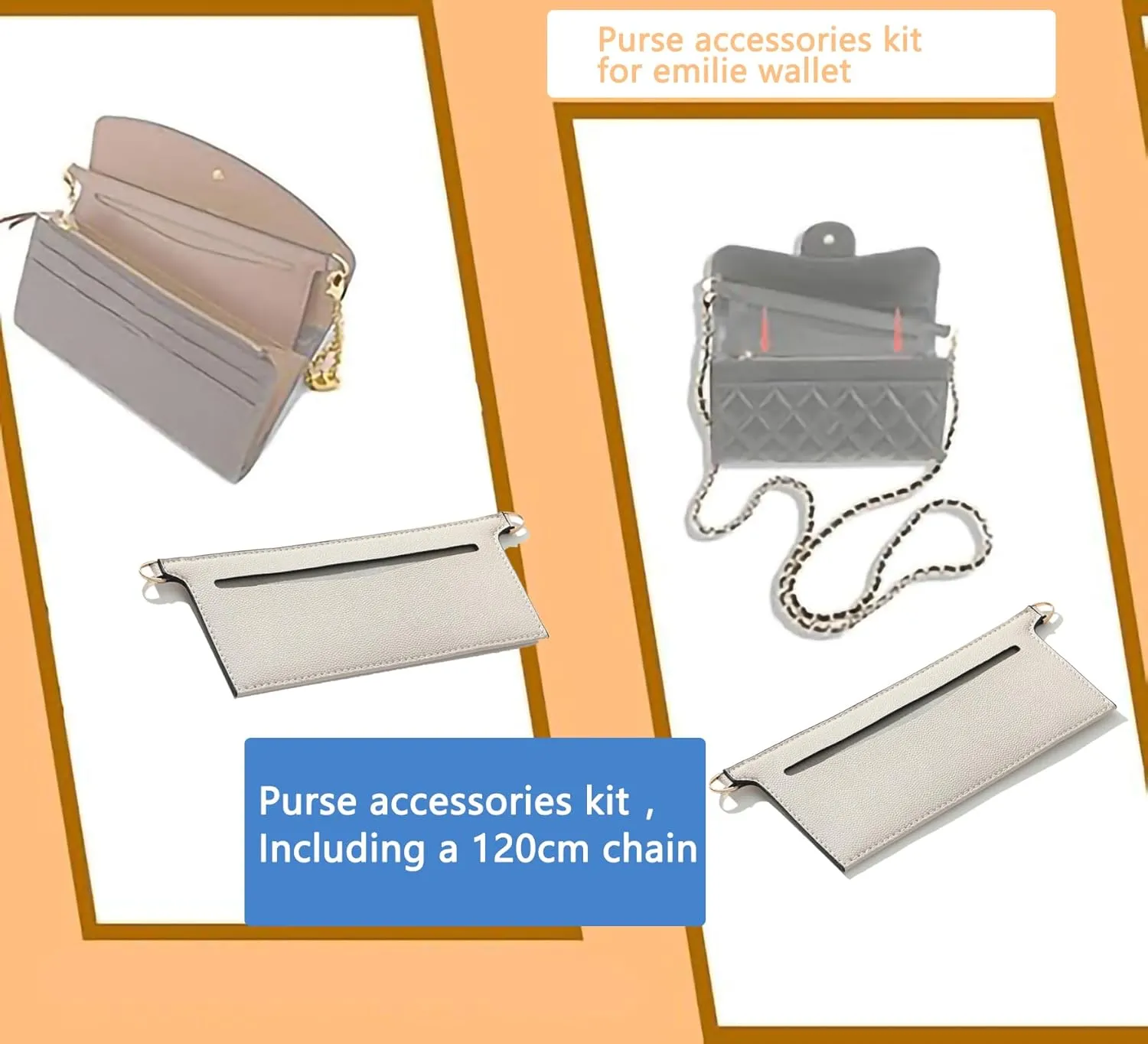 Purse Insert Organizer Conversion Kit,Crossbody Conversion kit Compatible with Sarah Wallet, Convert Classic Long Flap Wallet Into Crossbody Bag (White, 47 inch/120cm Chain)