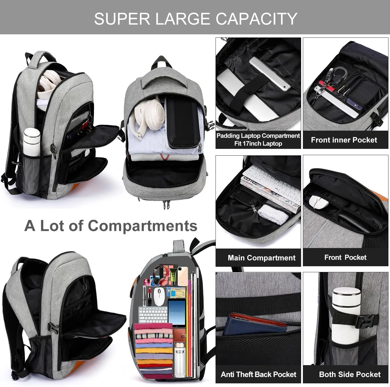 PUSLOM Backpack for Men, Extra Large Travel Laptop Backpack Work Bag with USB Charging Port, Anti Theft Water Resistant Sturdy Business College Bookbag Computer Bag Fit Laptop Up to 17.3 Inch, Grey