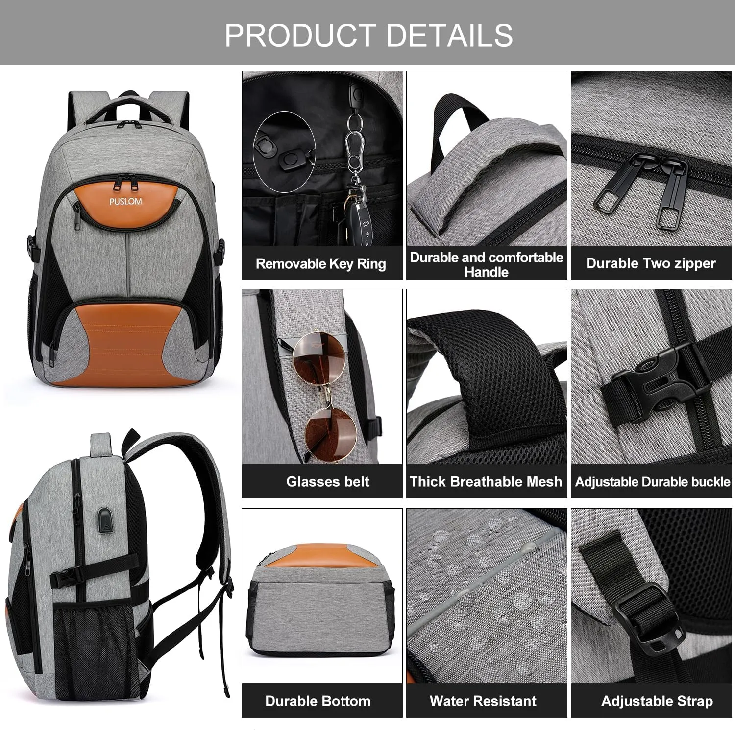 PUSLOM Backpack for Men, Extra Large Travel Laptop Backpack Work Bag with USB Charging Port, Anti Theft Water Resistant Sturdy Business College Bookbag Computer Bag Fit Laptop Up to 17.3 Inch, Grey