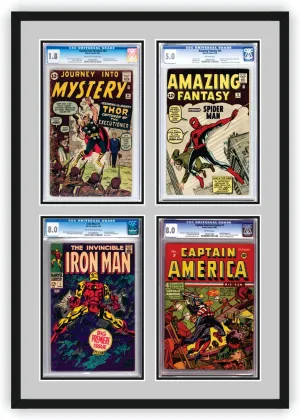 Quad (4) Graded Comic Book Frame | Black Moulding | UV Protected | Real Glass | Customized for 4 Graded Comic Books (Quad)