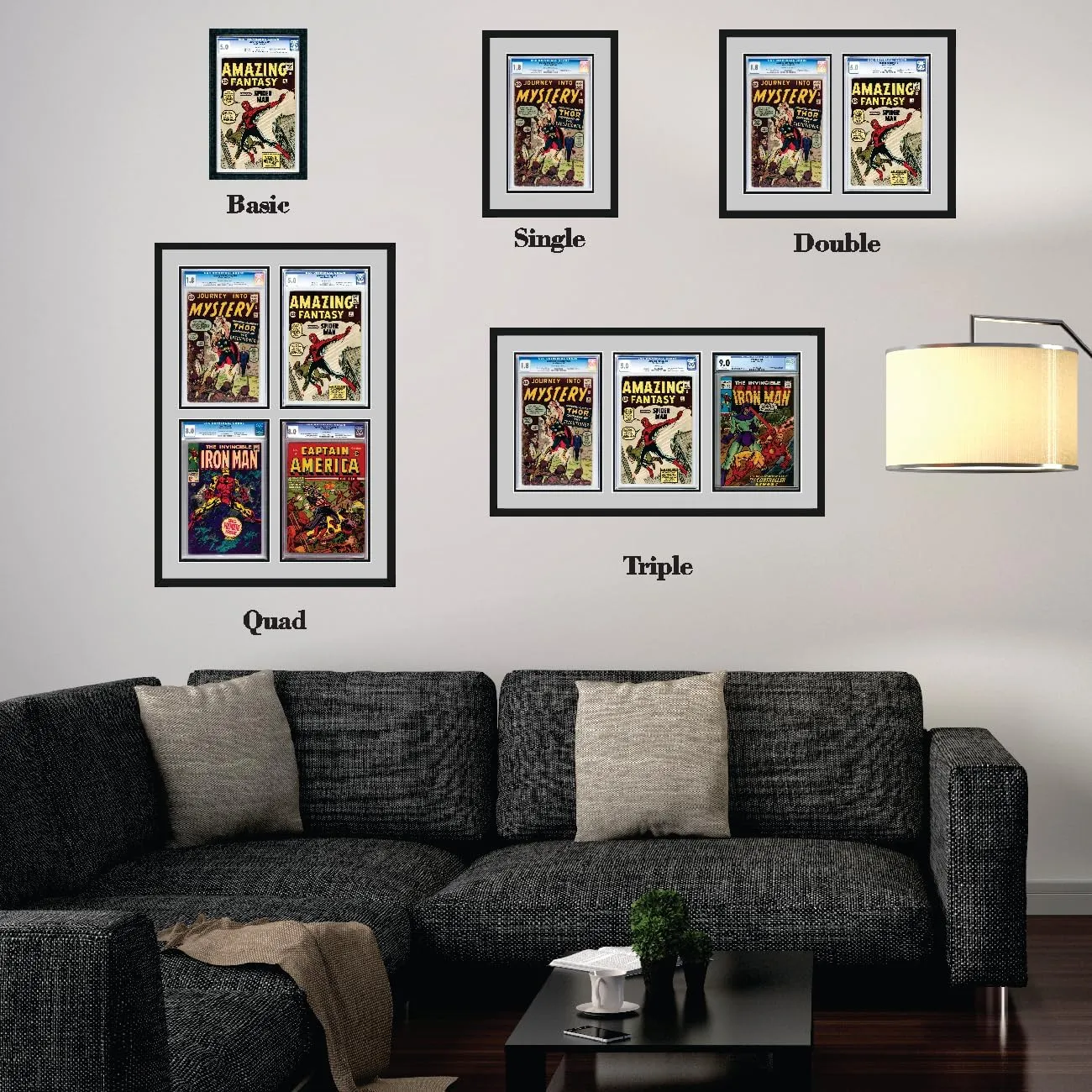 Quad (4) Graded Comic Book Frame | Black Moulding | UV Protected | Real Glass | Customized for 4 Graded Comic Books (Quad)