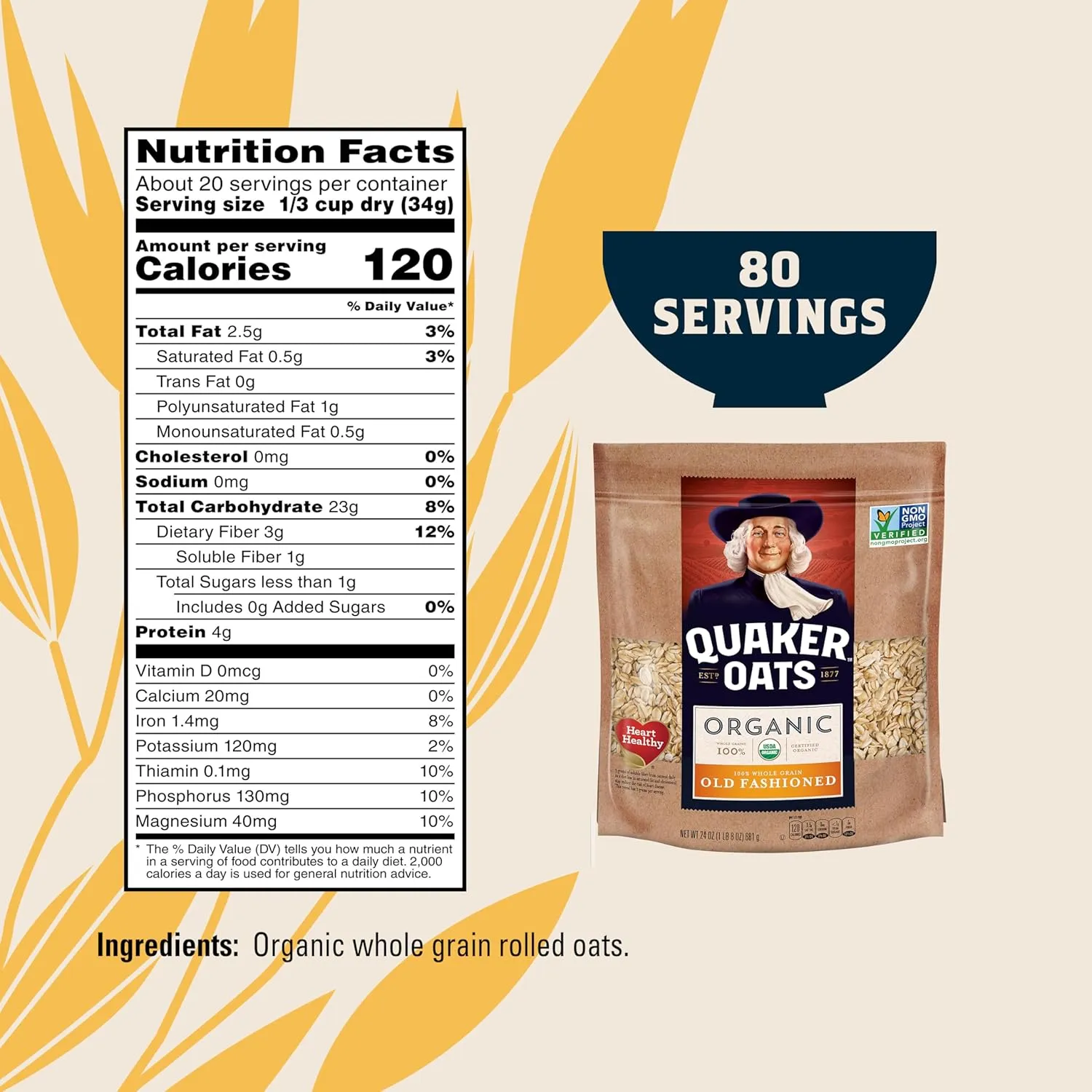 Quaker Old Fashioned Rolled Oats, USDA Organic, Non GMO Project Verified, 24oz Resealable Bags (Pack of 4)