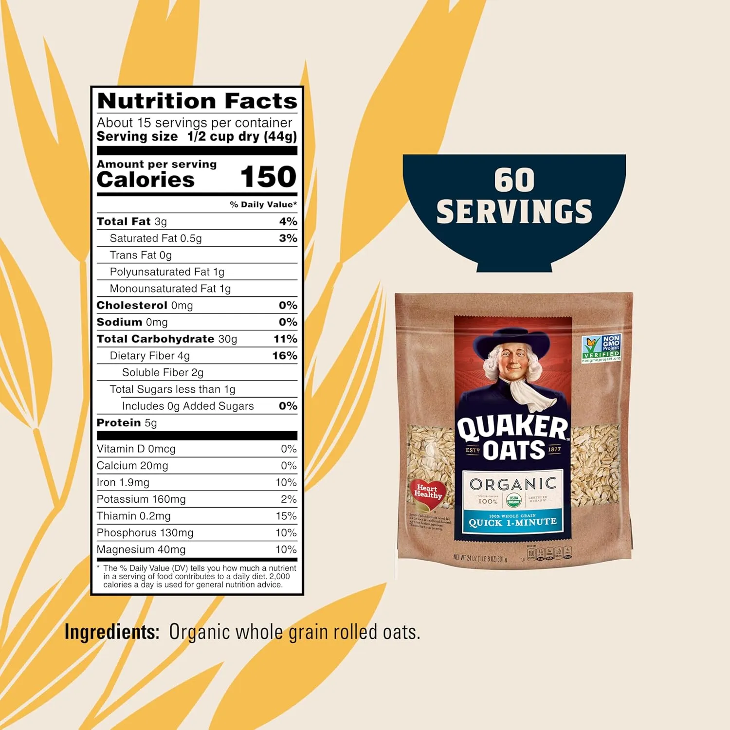 Quaker Organic Quick Cook Oatmeal, Breakfast Cereal, Non-GMO Project Verified, 24 Oz(Pack of 4)