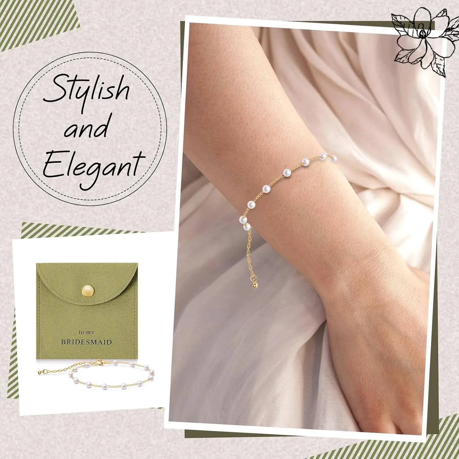 Quelay 16 Pcs Jewelry Bridesmaid Gift Pearl Bracelet Microfiber Jewelry Bag Pouch Set of 8 Jewelry Packaging bag Bridesmaid Proposal Favor for Wedding Bridal Birthday Party(Green,Button)