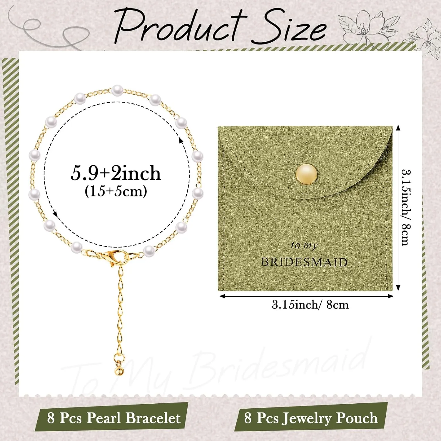Quelay 16 Pcs Jewelry Bridesmaid Gift Pearl Bracelet Microfiber Jewelry Bag Pouch Set of 8 Jewelry Packaging bag Bridesmaid Proposal Favor for Wedding Bridal Birthday Party(Green,Button)