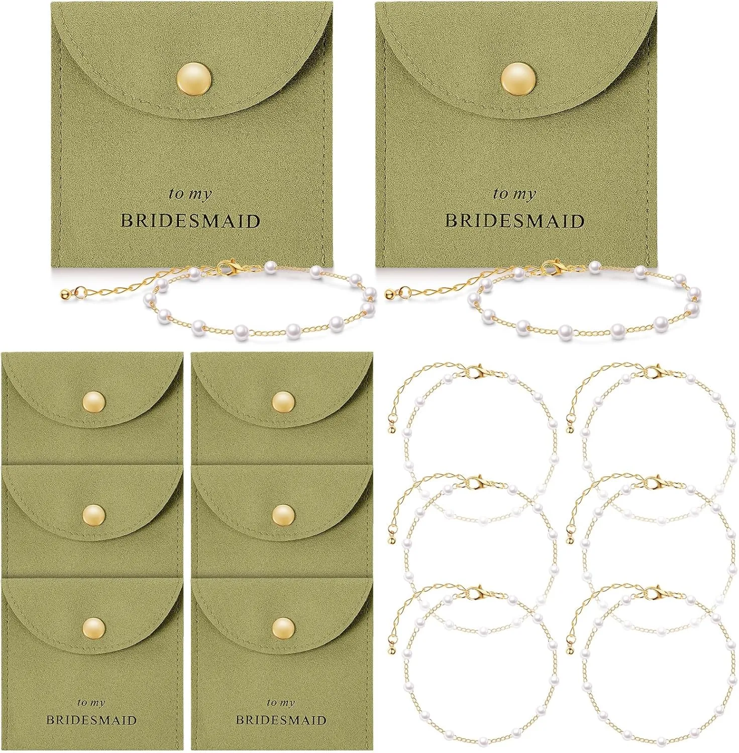 Quelay 16 Pcs Jewelry Bridesmaid Gift Pearl Bracelet Microfiber Jewelry Bag Pouch Set of 8 Jewelry Packaging bag Bridesmaid Proposal Favor for Wedding Bridal Birthday Party(Green,Button)