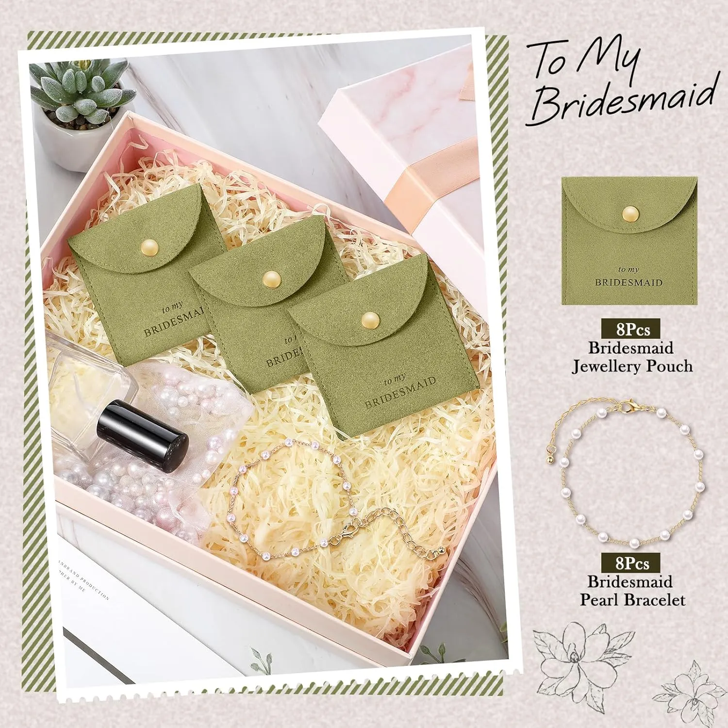 Quelay 16 Pcs Jewelry Bridesmaid Gift Pearl Bracelet Microfiber Jewelry Bag Pouch Set of 8 Jewelry Packaging bag Bridesmaid Proposal Favor for Wedding Bridal Birthday Party(Green,Button)