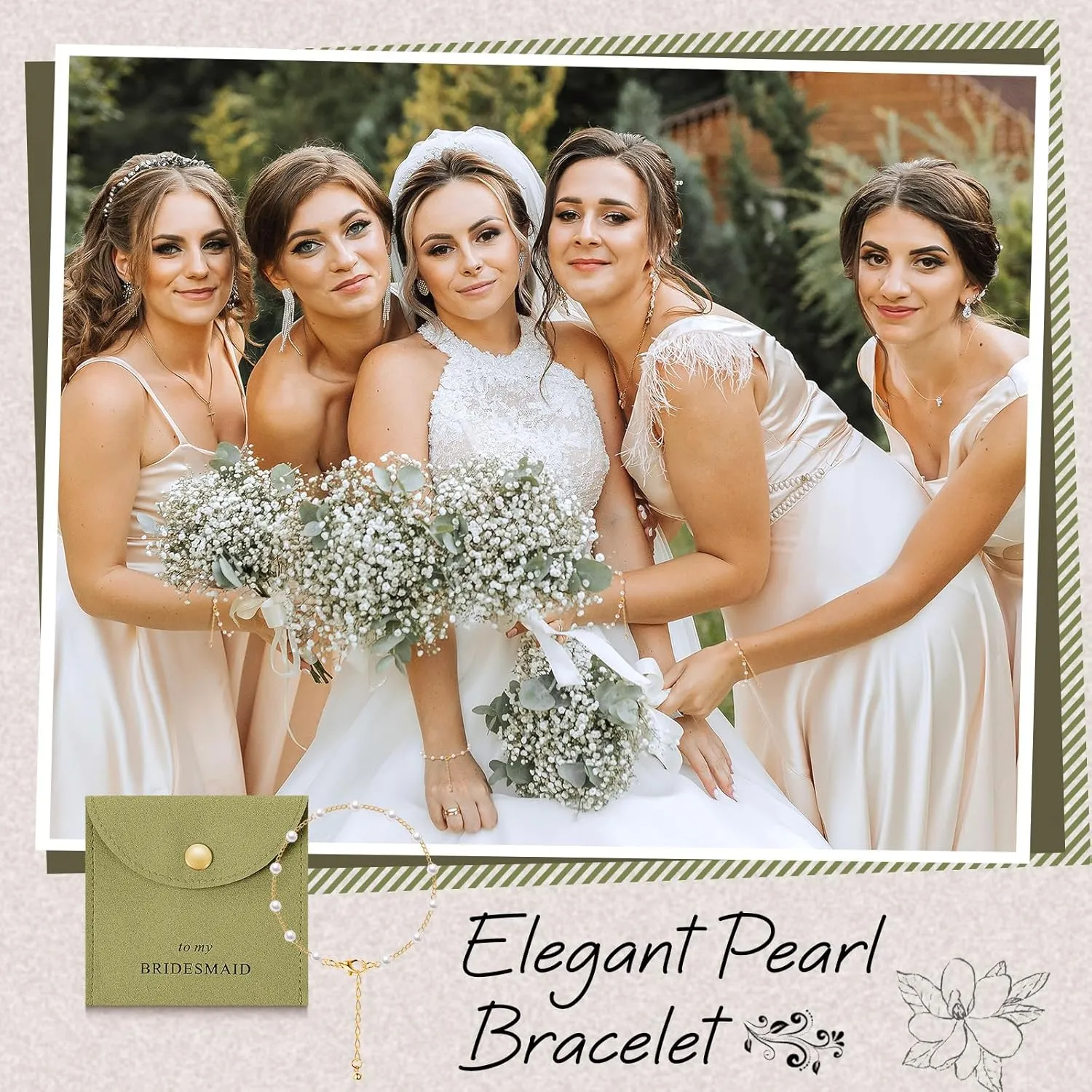 Quelay 16 Pcs Jewelry Bridesmaid Gift Pearl Bracelet Microfiber Jewelry Bag Pouch Set of 8 Jewelry Packaging bag Bridesmaid Proposal Favor for Wedding Bridal Birthday Party(Green,Button)