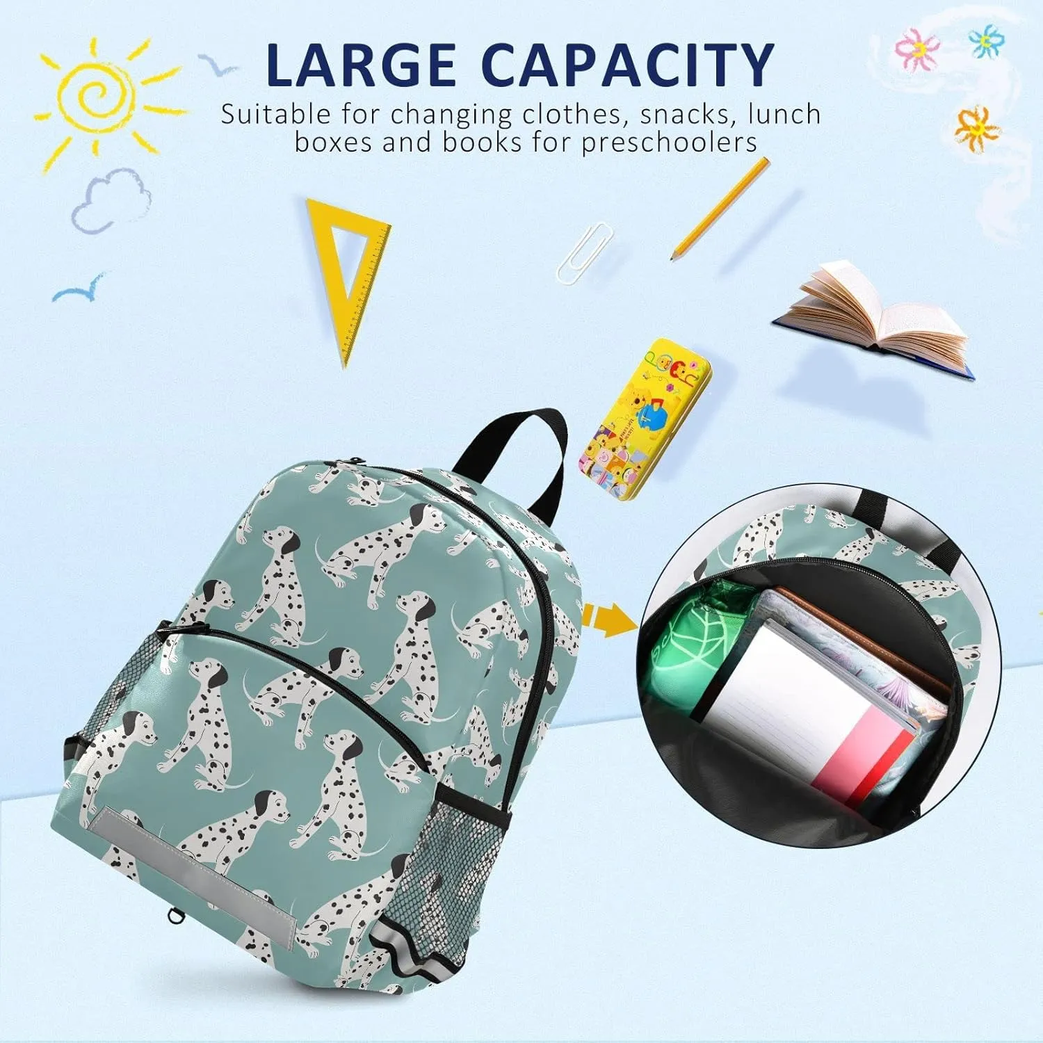 QUGRL Dalmatian Dog Kids Toddler Backpack with Leash Harness Blue Kindergarten Child Schoolbag Preschool Nursery Baby Travel Bag for Boys Girls 3-8 Years