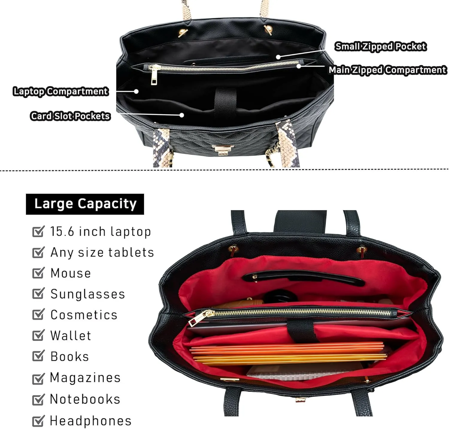 Quilted Laptop Bag for Women, 15.6 inch PU Leather Shoulder Purse Tote Business Office Messenger Casual Handbag