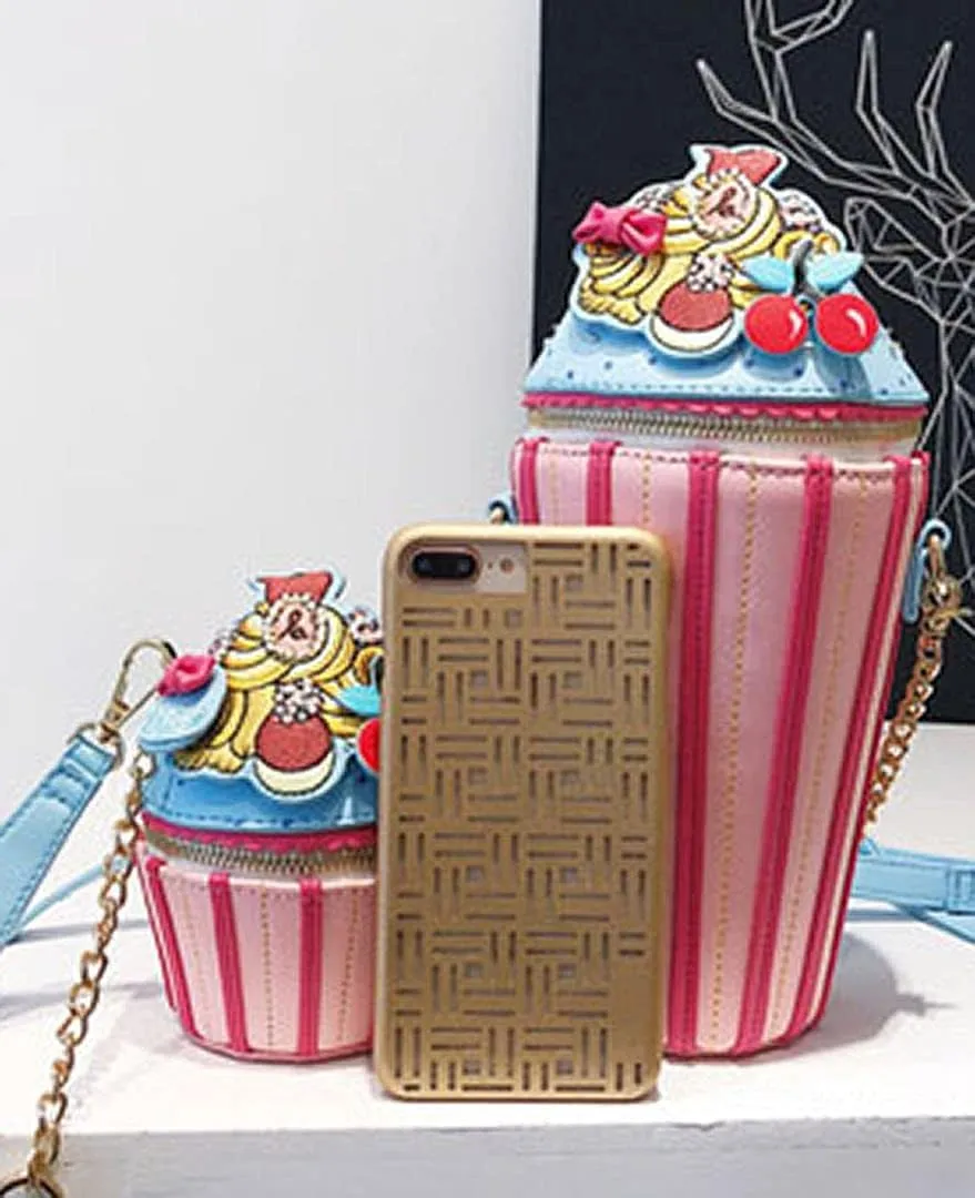 QZUnique Food Shape Cross Body Bag PU Cartoon Purse Ice Cream Sholuder Bag Handbag with Removable Chain