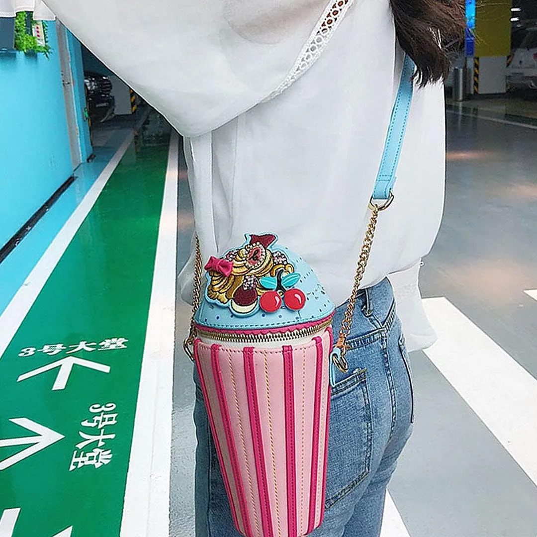 QZUnique Food Shape Cross Body Bag PU Cartoon Purse Ice Cream Sholuder Bag Handbag with Removable Chain