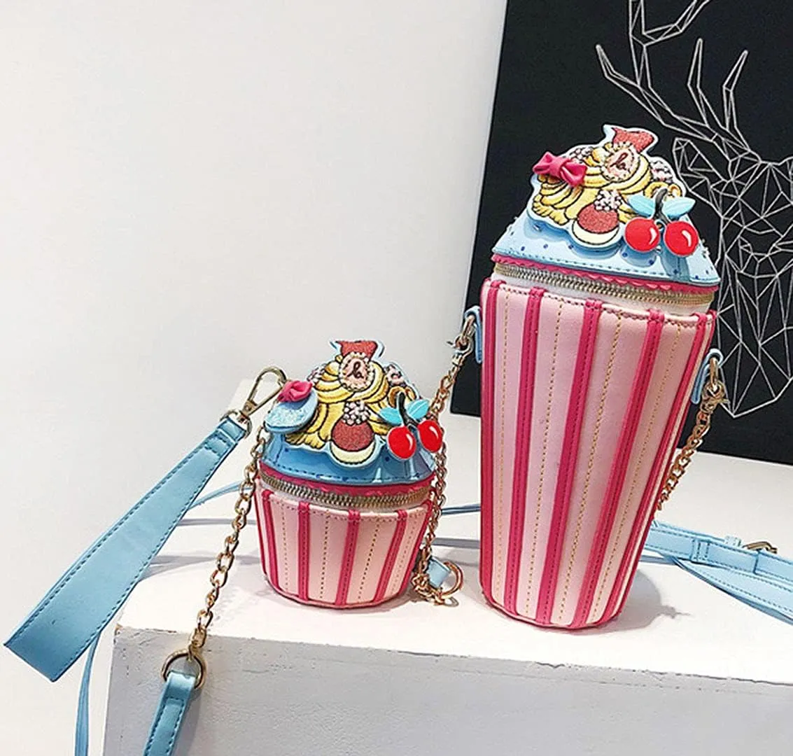 QZUnique Food Shape Cross Body Bag PU Cartoon Purse Ice Cream Sholuder Bag Handbag with Removable Chain