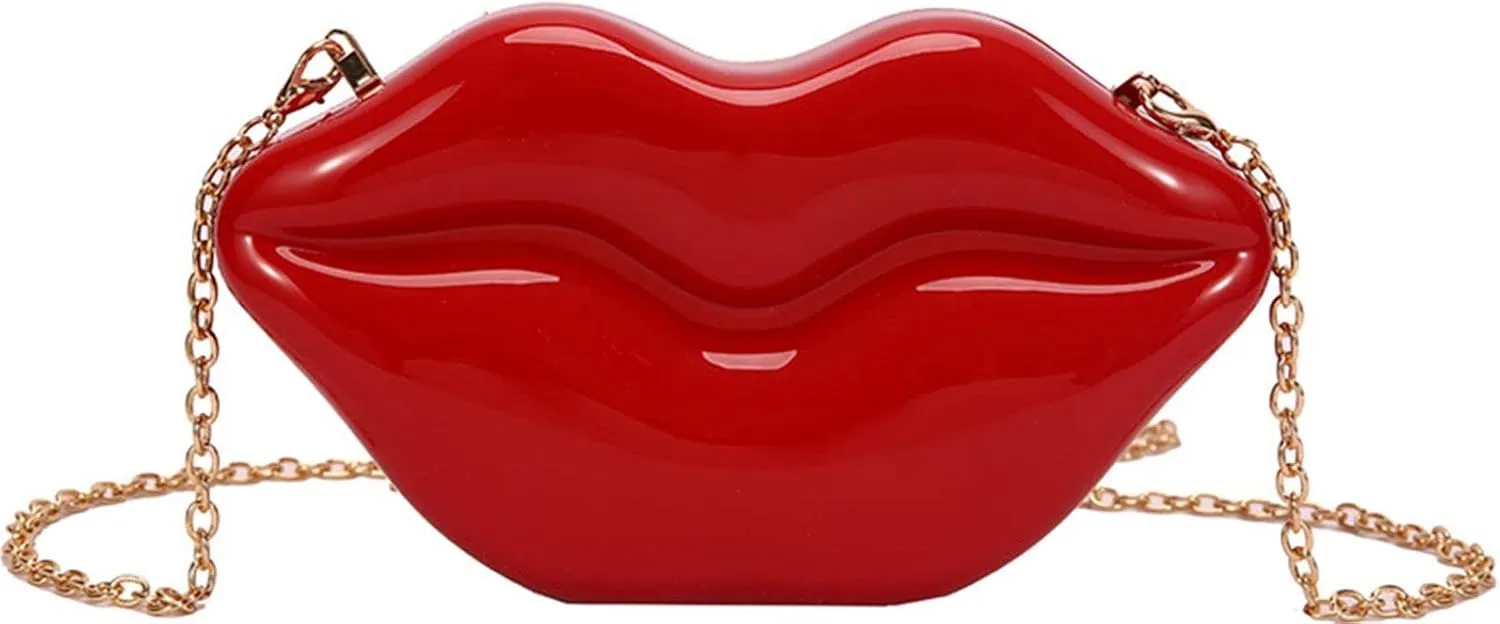 QZUnique Lips Evening Clutch Purse, Acrylic Banquet Handbags, Chain Gold/Silver/Bronze Women Fashion Crossbody Shoulder Bag