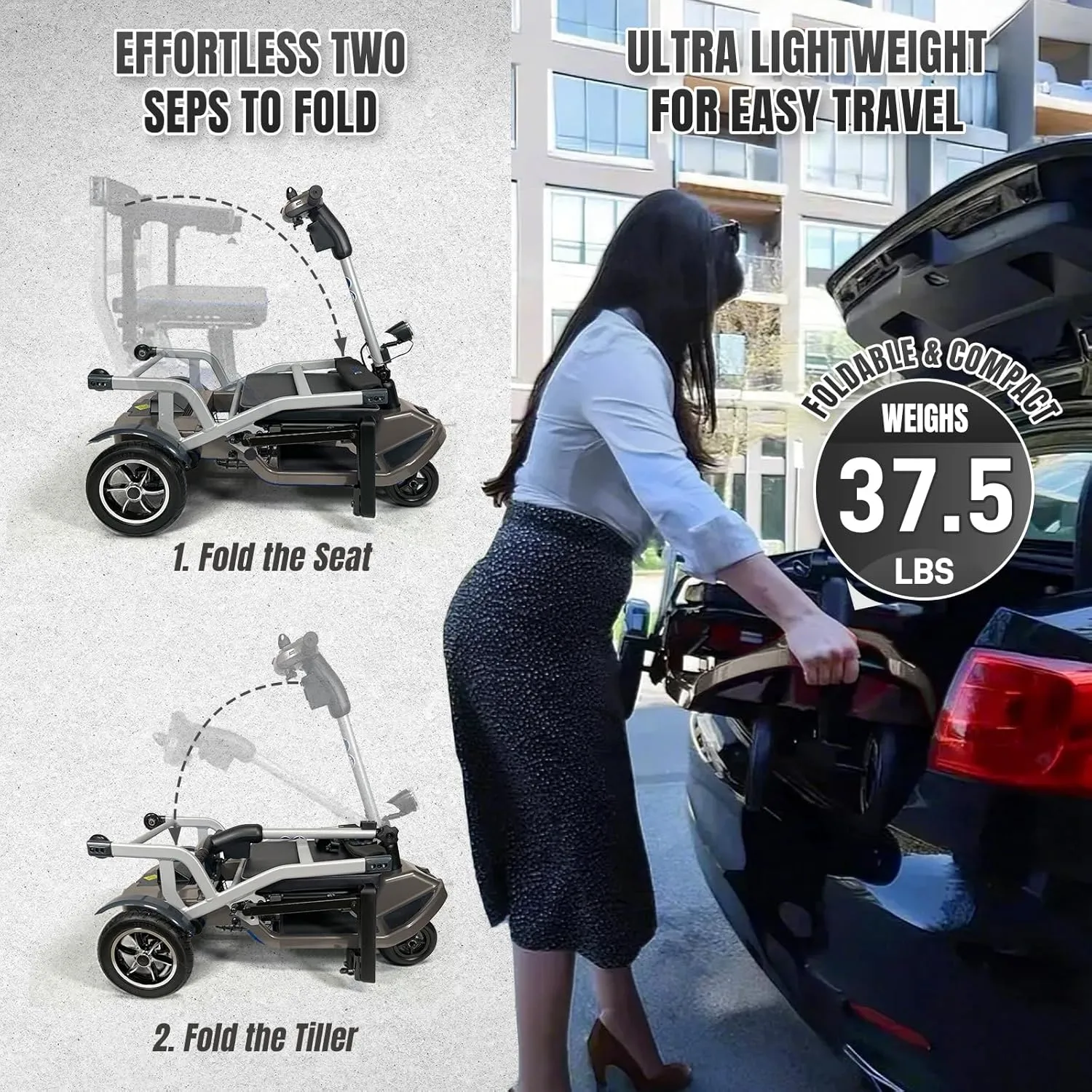 R3b-Mobility Scooters for Seniors Adults Ultra Lightweight Electric Powered Folding 4 Wheel Mobility Scooter with Headlight Cup Holder, Compact & Convenient for Travel Airline Approved, Gray