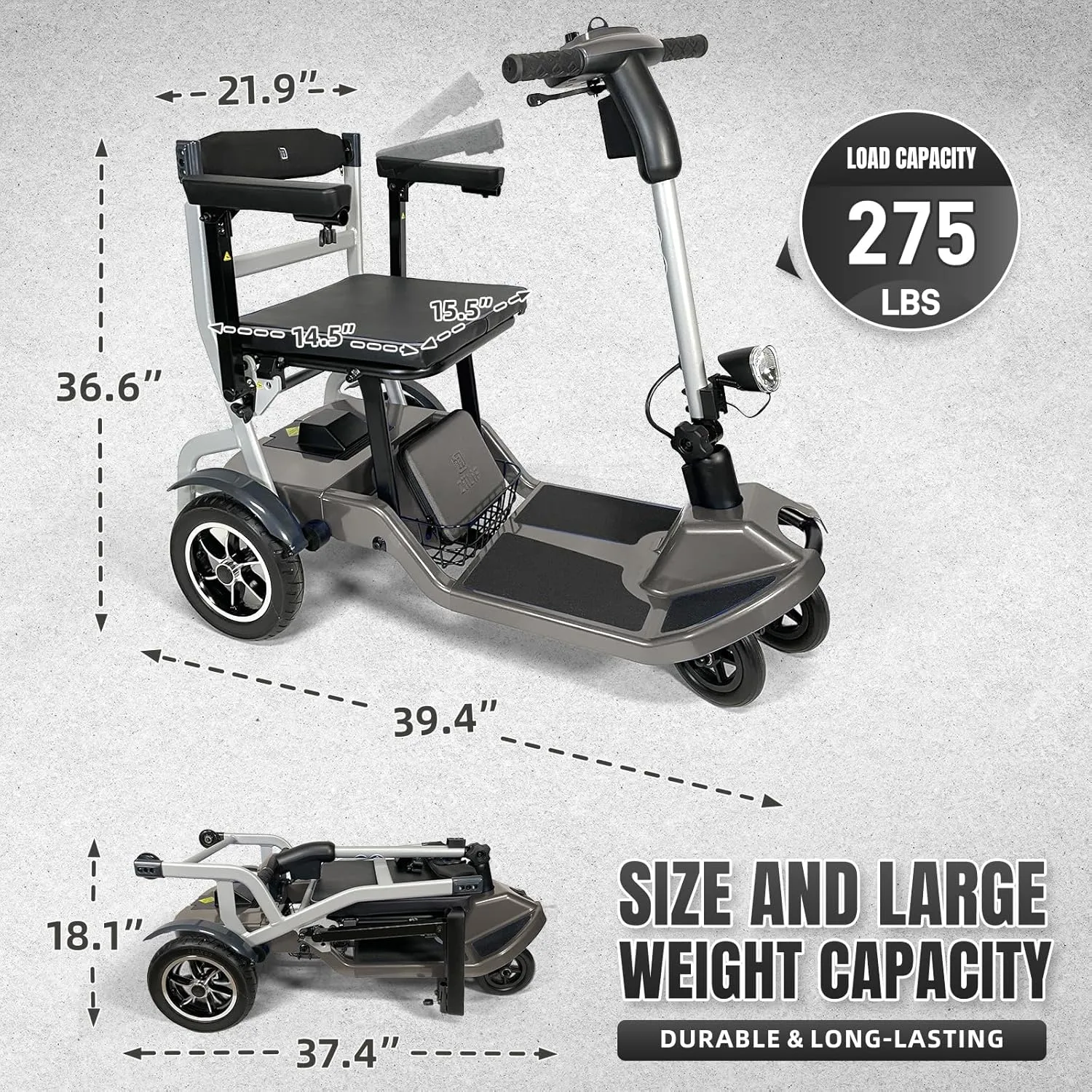 R3b-Mobility Scooters for Seniors Adults Ultra Lightweight Electric Powered Folding 4 Wheel Mobility Scooter with Headlight Cup Holder, Compact & Convenient for Travel Airline Approved, Gray
