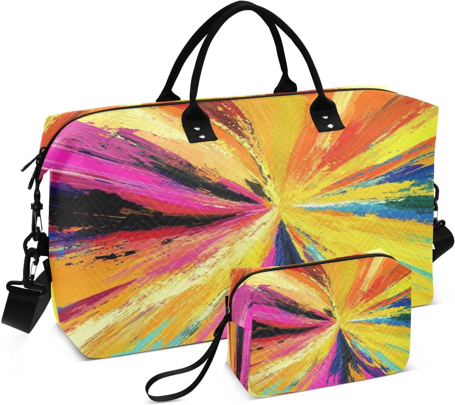 Radial Paint Burst Yellow Sports Gym Bag for Women Men Travel Duffel Bag Weekend Overnight Carry on Bag with Toiletry Bag Yoga Bag for Hospital Plane Swimming Yoga Workout
