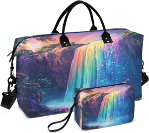 Rainbow Waterfall Sports Gym Bag for Women Men Travel Duffel Bag Weekend Overnight Carry on Bag with Toiletry Bag Training Handbag for Swimming Yoga Workout Hospital Plane