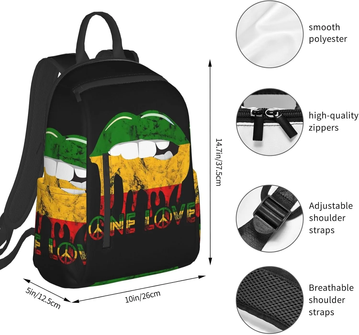 Rasta Reggae Lips Mouth Jamaican Music Kissing One Loves Casual Backpacks Laptop Backpack Outdoor Travel Rucksack Sport Carry-On Daypack Lightweight Bag with Multi-Pockets