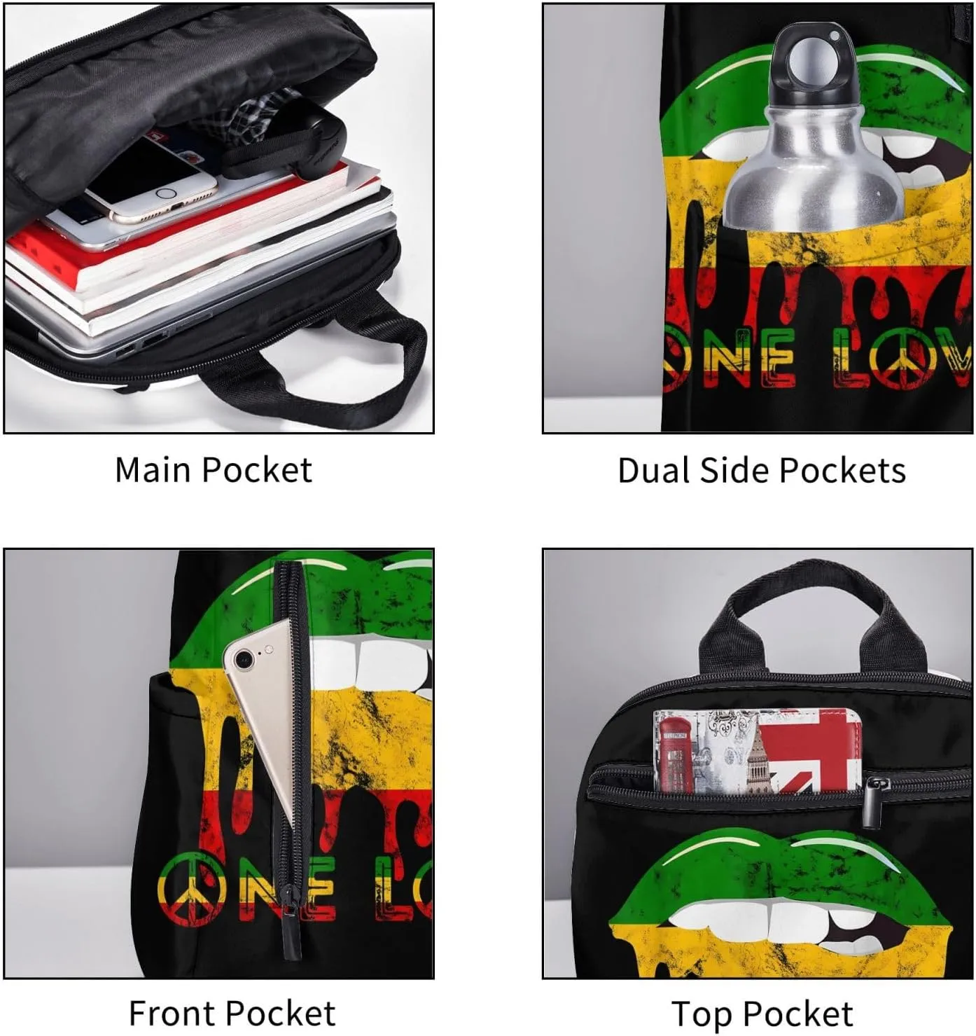 Rasta Reggae Lips Mouth Jamaican Music Kissing One Loves Casual Backpacks Laptop Backpack Outdoor Travel Rucksack Sport Carry-On Daypack Lightweight Bag with Multi-Pockets