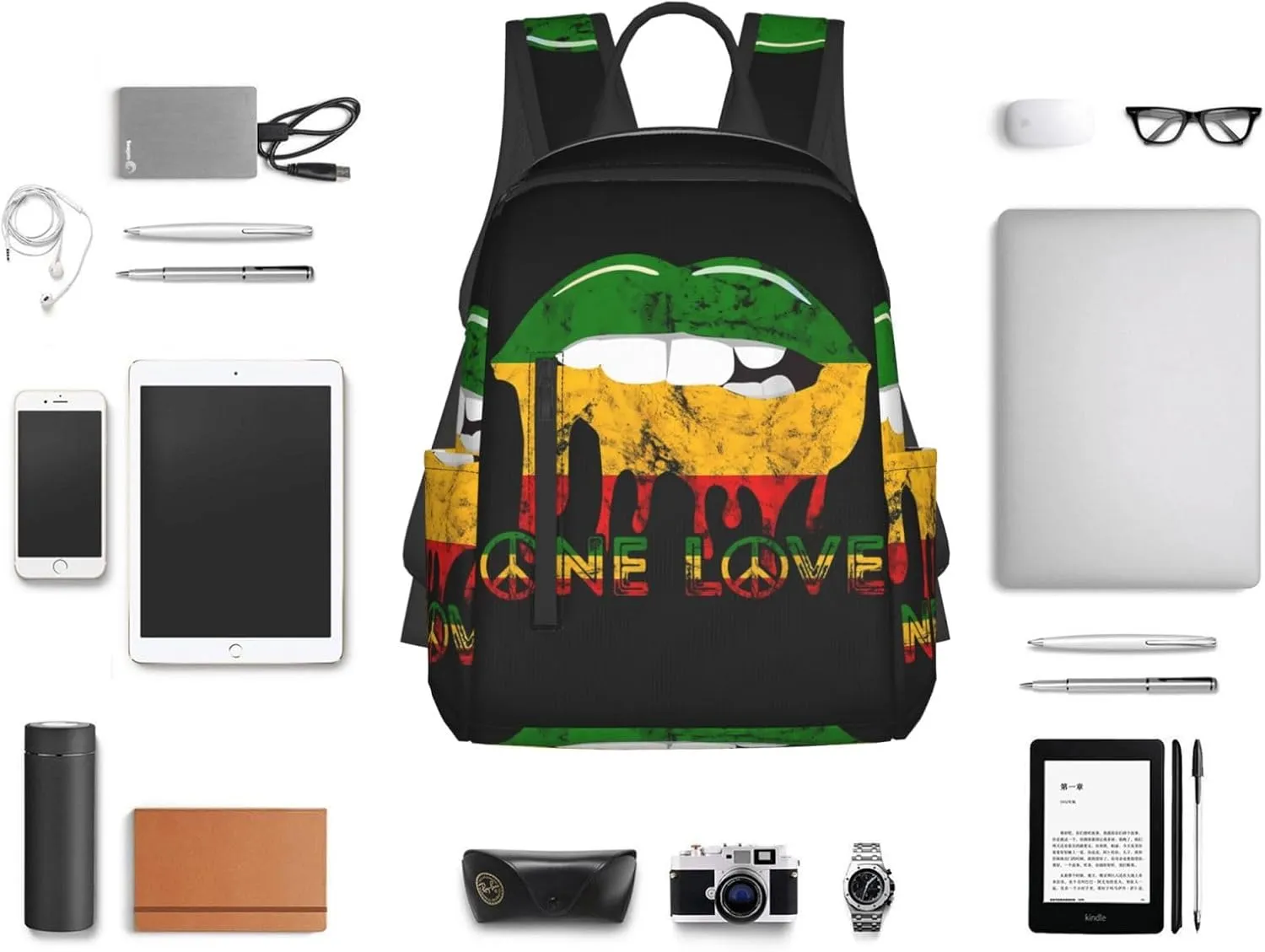 Rasta Reggae Lips Mouth Jamaican Music Kissing One Loves Casual Backpacks Laptop Backpack Outdoor Travel Rucksack Sport Carry-On Daypack Lightweight Bag with Multi-Pockets