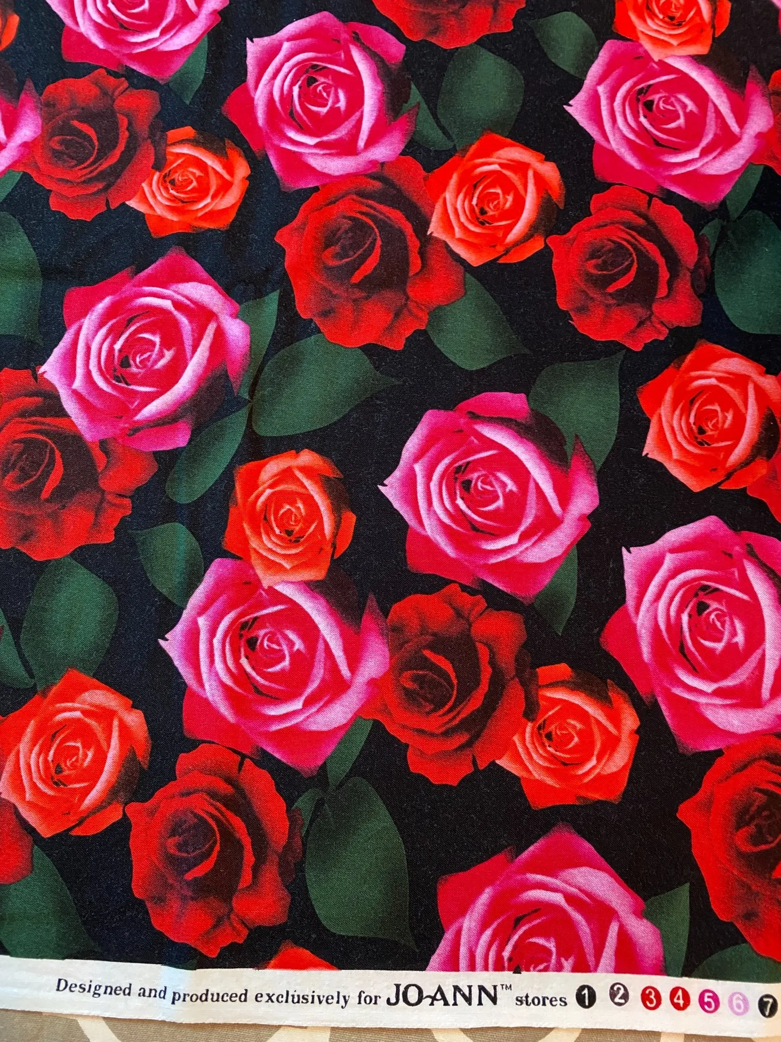 Realistic Roses, 1 yd cotton fabric red pink on black, JoAnns, washed,ironed