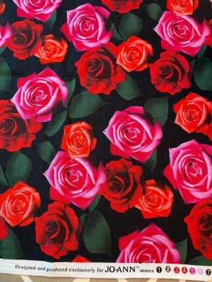 Realistic Roses, 1 yd cotton fabric red pink on black, JoAnns, washed,ironed