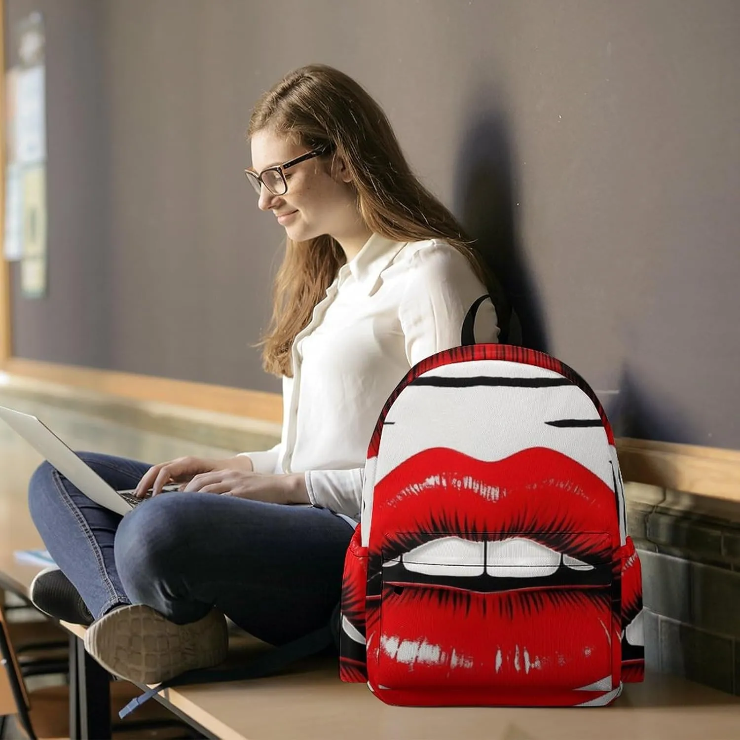 Red Lips Kiss Print Laptop Backpacks Casual Shoulder Bag Travel Daypack Fashion for Men Women
