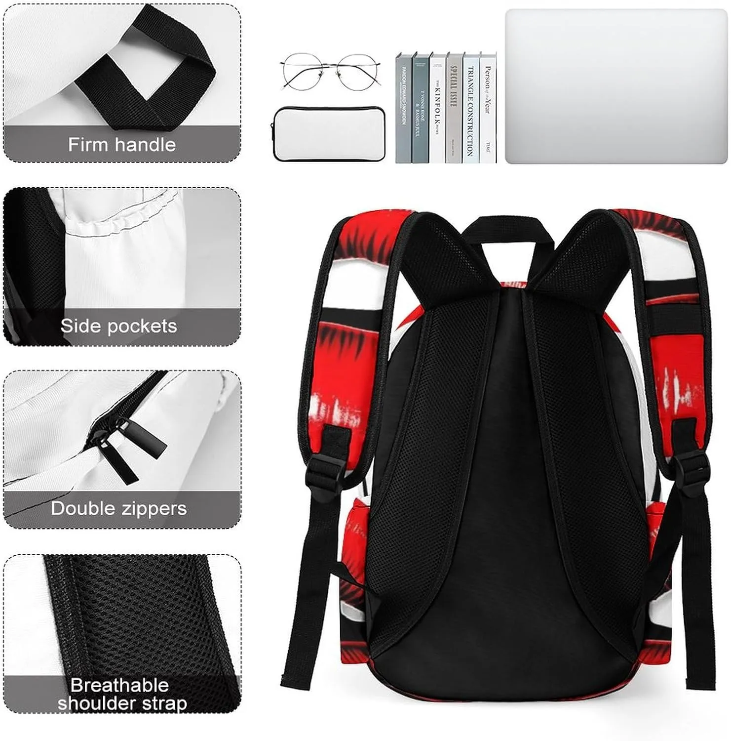 Red Lips Kiss Print Laptop Backpacks Casual Shoulder Bag Travel Daypack Fashion for Men Women