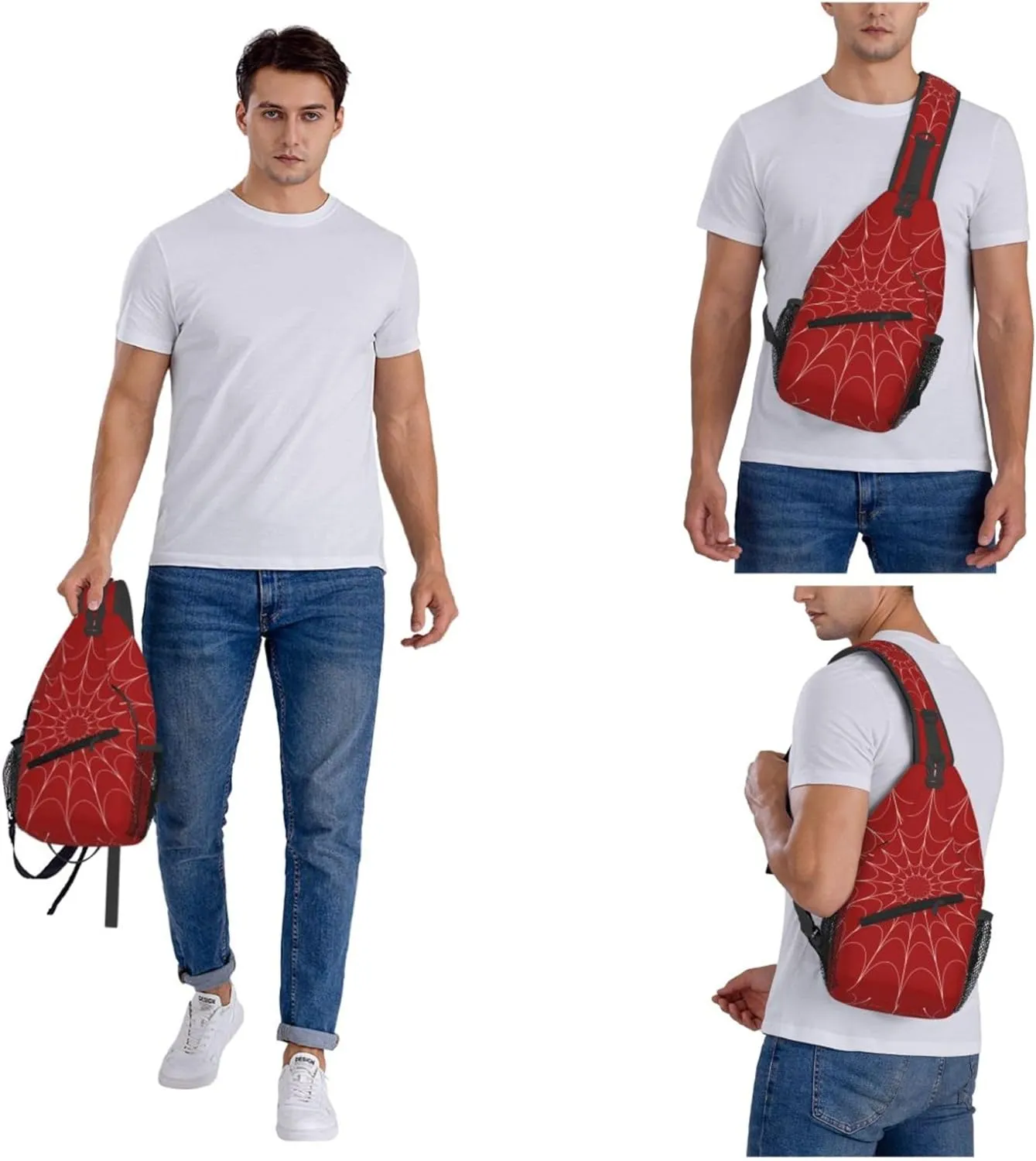 Red Spider Web Sling Backpack Crossbody Bag, Chest Bag Daypack for Outdoors Hiking Traveling