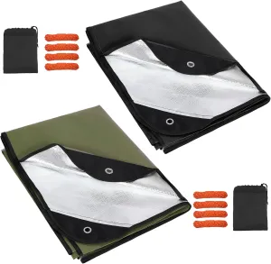 RedSwing 2 Pack Heavy Duty Waterproof Emergency Thermal Tarp, Insulated Survival Blanket for Outdoor Camping, Hiking, and Emergency Shelter, Green Black
