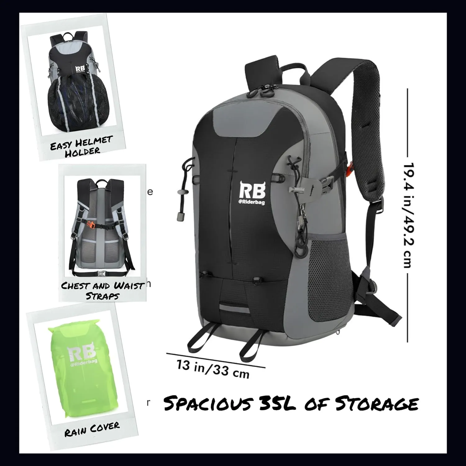 Reflective Motorcycle Backpack – Lightweight Hi Viz Riding Gear with Helmet Holder, Laptop pocket, Ventilated Back, Cycling, Hiking, Sport & Commuter Daypack (black backpack)