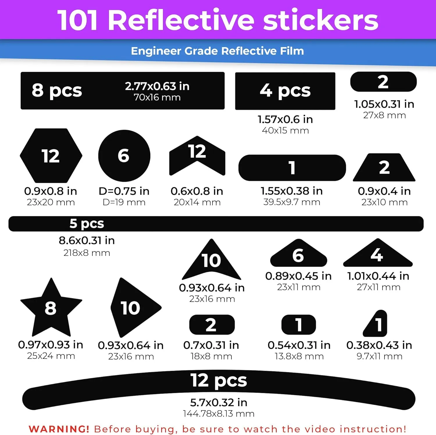 Reflective Stickers Mega Kit (101pcs Black)• Nighttime Safety Waterproof Self-Adhesive Decals for Helmets, Skateboard, Bike, Scooter, E-Bike, Motorcycle & Strollers • Bright Colors