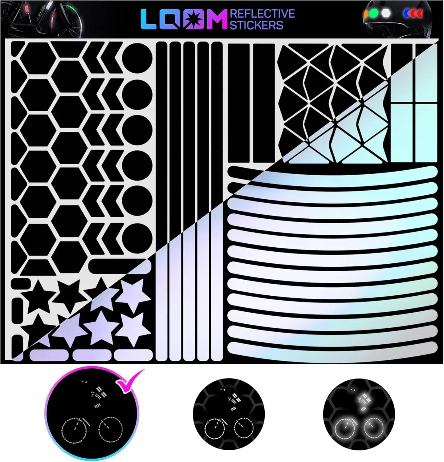 Reflective Stickers Mega Kit (101pcs Black)• Nighttime Safety Waterproof Self-Adhesive Decals for Helmets, Skateboard, Bike, Scooter, E-Bike, Motorcycle & Strollers • Bright Colors